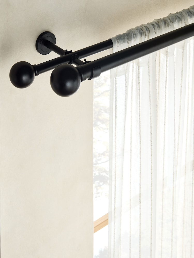 Black Extendable Double Curtain & Voile Ball Finial Pole Kit - Image 2 of 4 Black Extendable Double Curtain & Voile Ball Finial Pole Kit - Image 2 of 4