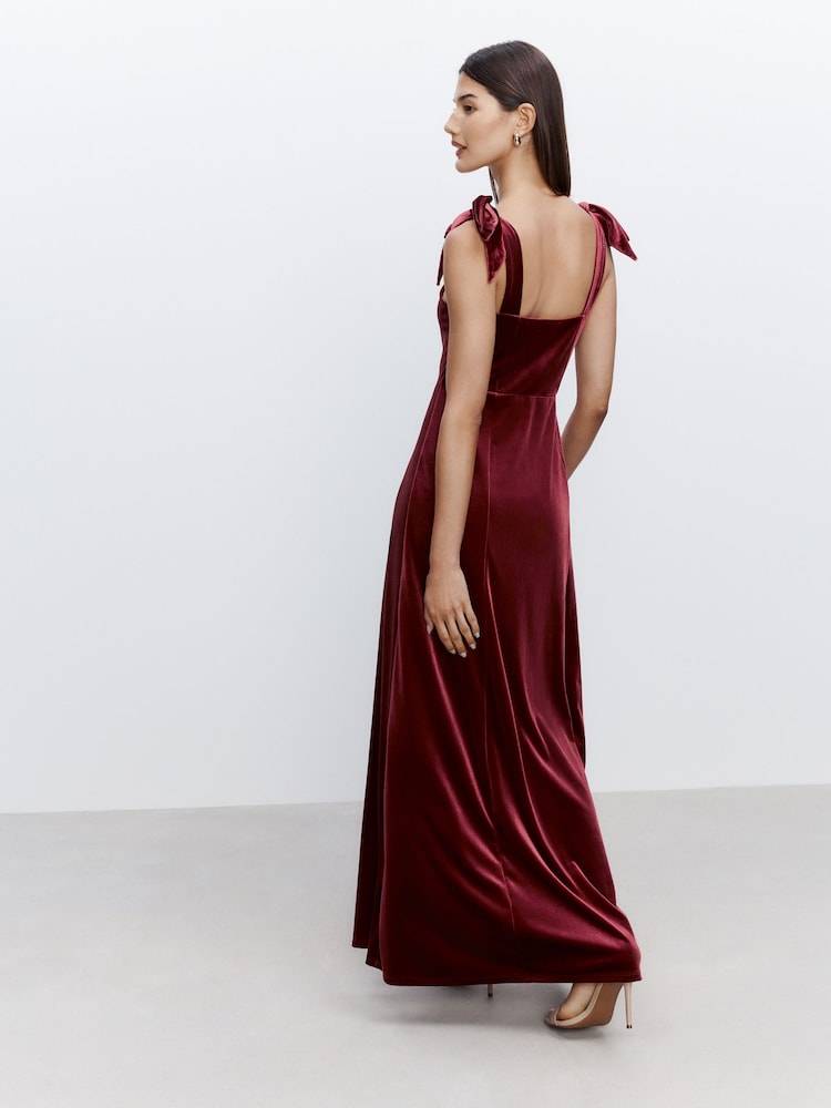 Burgundy Red Bridesmaid Bow Shoulder Velvet Maxi Dress - Image 2 of 9 Burgundy Red Bridesmaid Bow Shoulder Velvet Maxi Dress - Image 2 of 9