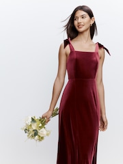 Burgundy Red Bridesmaid Bow Shoulder Velvet Maxi Dress - Image 4 of 9