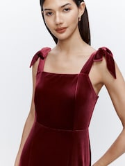 Burgundy Red Bridesmaid Bow Shoulder Velvet Maxi Dress - Image 5 of 9
