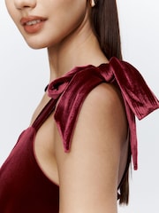 Burgundy Red Bridesmaid Bow Shoulder Velvet Maxi Dress - Image 6 of 9