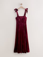 Burgundy Red Bridesmaid Bow Shoulder Velvet Maxi Dress - Image 7 of 9