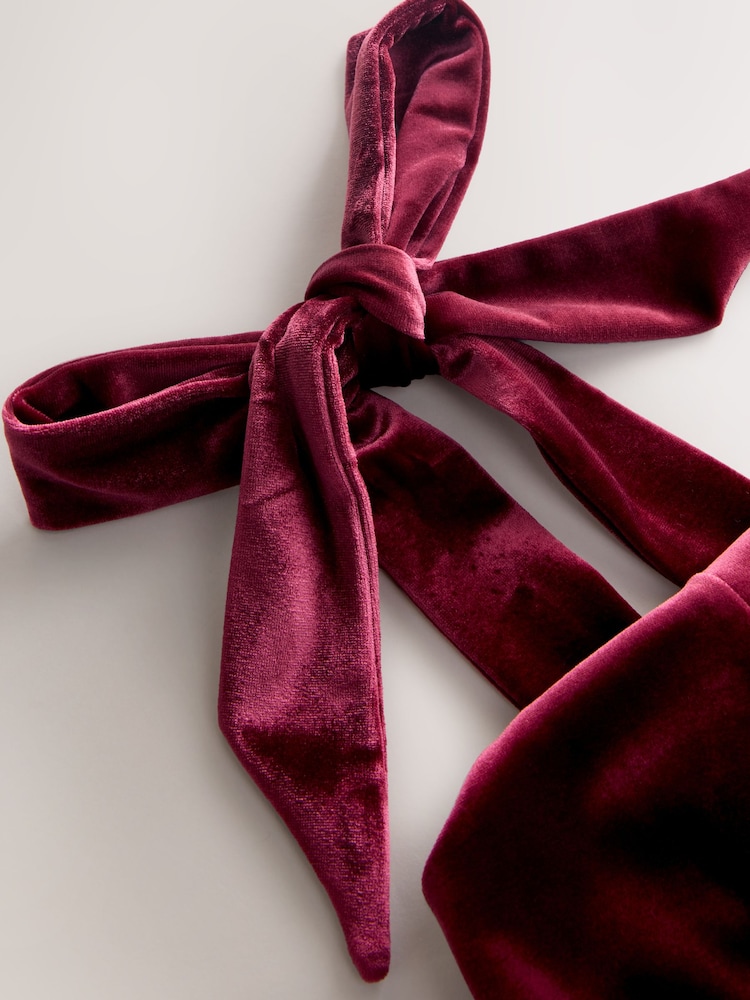 Burgundy Red Bridesmaid Bow Shoulder Velvet Maxi Dress - Image 9 of 9