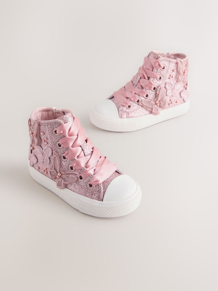 Pink Glitter Butterfly Lace-Up High Top Trainers - Image 1 of 5 Pink Glitter Butterfly Lace-Up High Top Trainers - Image 1 of 5