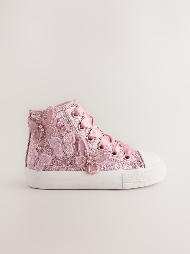 Pink Glitter Butterfly Lace-Up High Top Trainers - Image 2 of 5 Pink Glitter Butterfly Lace-Up High Top Trainers - Image 2 of 5