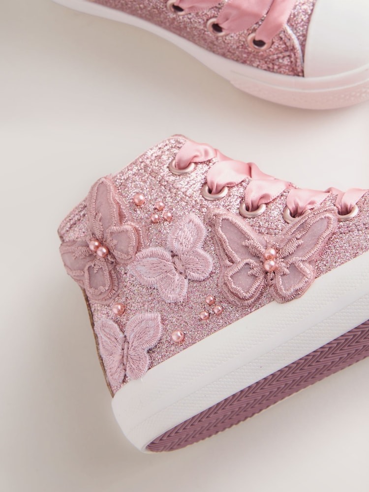 Pink Glitter Butterfly Lace-Up High Top Trainers - Image 5 of 5 Pink Glitter Butterfly Lace-Up High Top Trainers - Image 5 of 5
