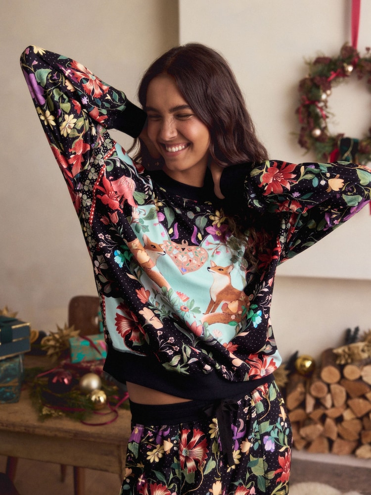 Charcoal Grey Floral Print Cosy Long Sleeve Arctic Fox Pyjamas - Image 2 of 7