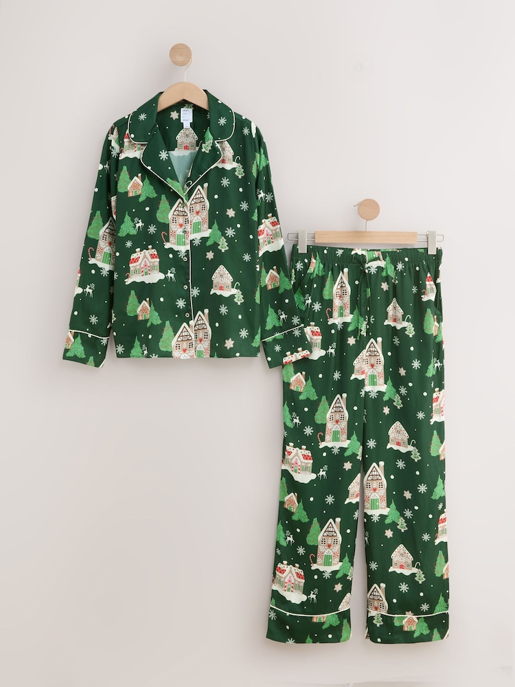 Green Gingerbread Satin Button Through Christmas House Pyjamas - Image 1 of 3