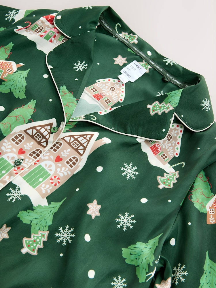 Green Gingerbread Satin Button Through Christmas House Pyjamas - Image 3 of 3 Green Gingerbread Satin Button Through Christmas House Pyjamas - Image 3 of 3