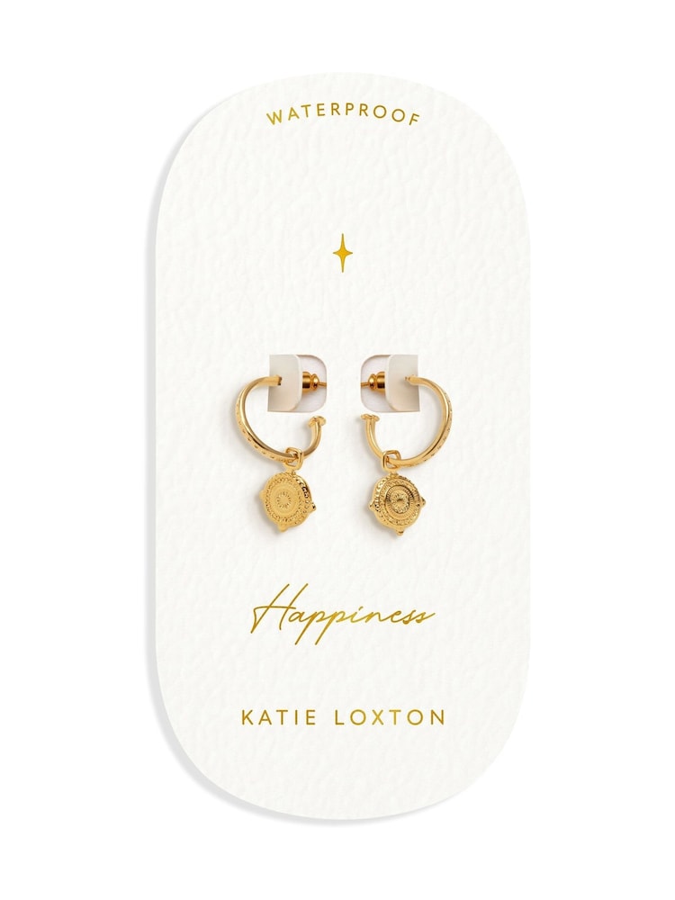 Katie Loxton Gold Tone Waterproof Happiness Antique Coin Hoop Earrings - Image 1 of 4 Katie Loxton Gold Tone Waterproof Happiness Antique Coin Hoop Earrings - Image 1 of 4