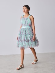 Baker by Ted Baker Green Crinke Mesh Tiered Bow Back Dress - صورة 2 من 12