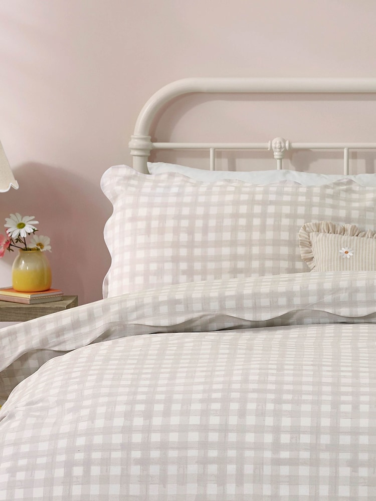 furn. Natural Scalloped Edge Gingham Pillowcase - Image 1 of 1 furn. Natural Scalloped Edge Gingham Pillowcase - Image 1 of 1
