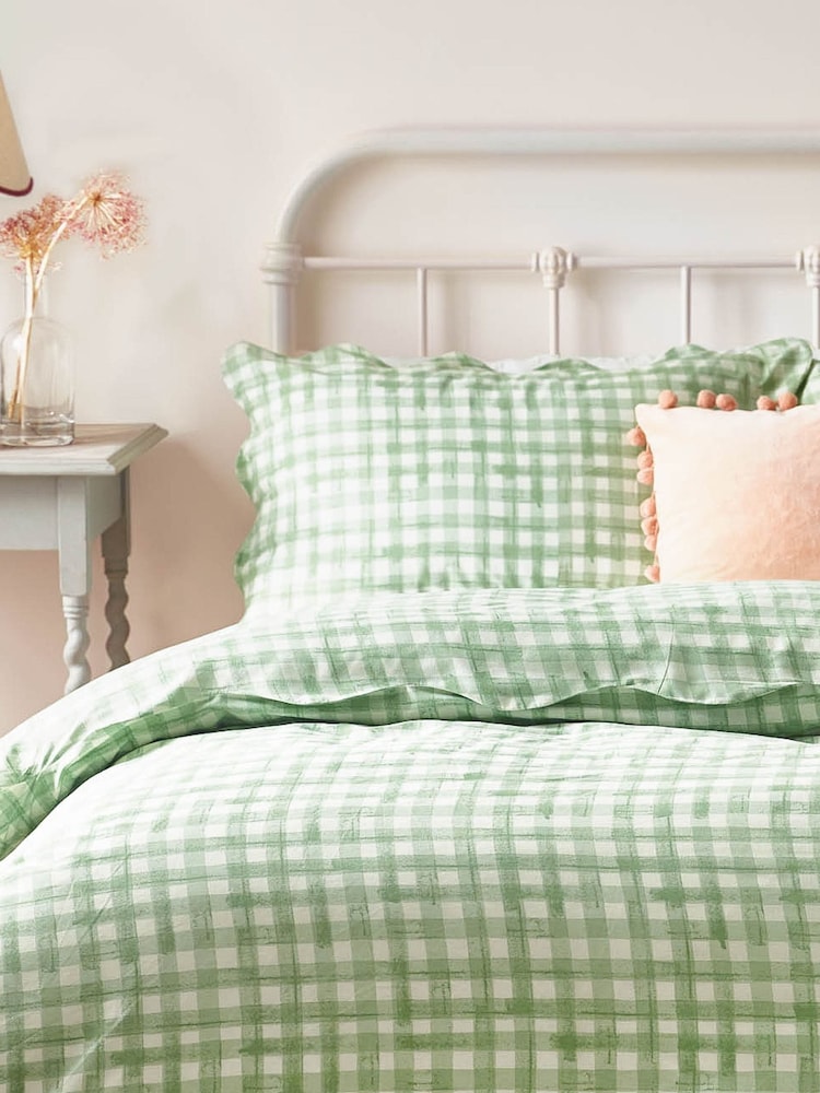 furn. Green Scalloped Edge Gingham Pillowcase - Image 1 of 1 furn. Green Scalloped Edge Gingham Pillowcase - Image 1 of 1