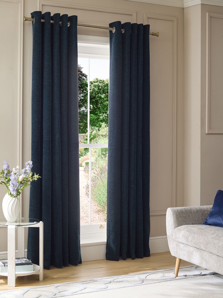 Navy Blue Soft Touch Chenille Lined Eyelet Curtains - Image 1 of 5 Navy Blue Soft Touch Chenille Lined Eyelet Curtains - Image 1 of 5