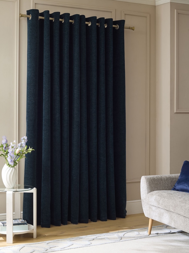 Navy Blue Soft Touch Chenille Lined Eyelet Curtains - Image 2 of 5 Navy Blue Soft Touch Chenille Lined Eyelet Curtains - Image 2 of 5