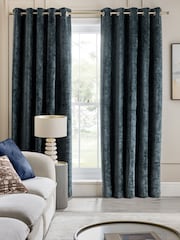 Navy Blue Plush Chenille Lined Eyelet Curtains - Image 2 of 5