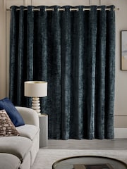 Navy Blue Plush Chenille Lined Eyelet Curtains - Image 3 of 5
