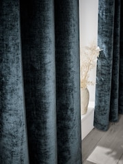 Navy Blue Plush Chenille Lined Eyelet Curtains - Image 4 of 5