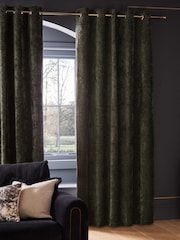 Green Plush Chenille Lined Eyelet Curtains - Image 2 of 5