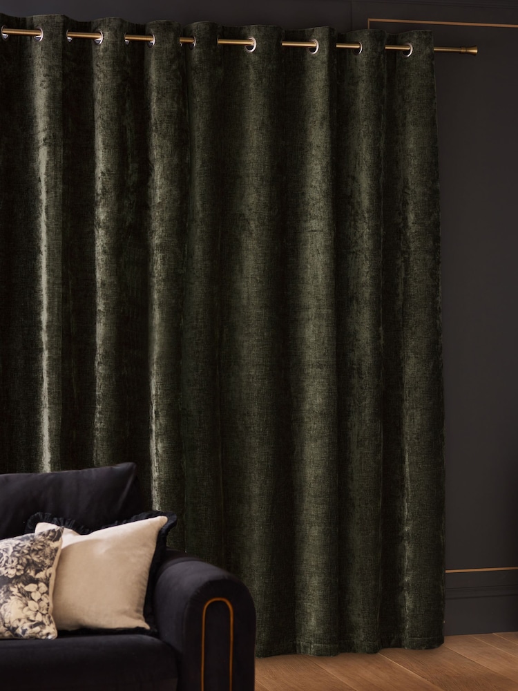 Green Plush Chenille Lined Eyelet Curtains - Image 2 of 5 Green Plush Chenille Lined Eyelet Curtains - Image 2 of 5