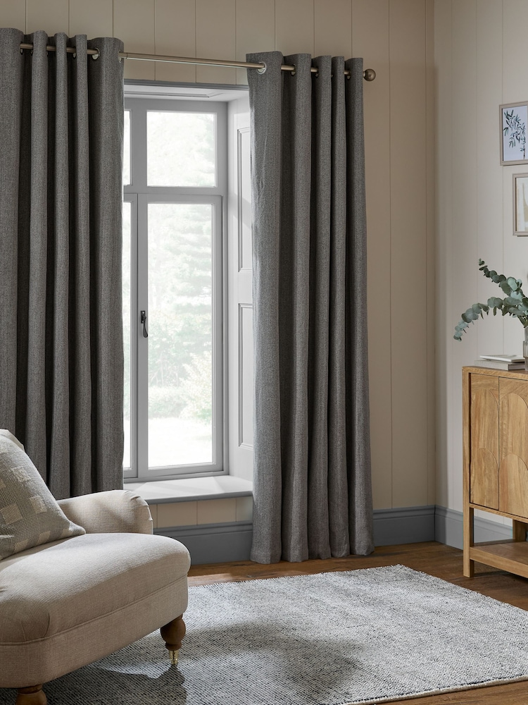 Grey Brushed Herringbone Eyelet Blackout Thermal Curtains - Image 1 of 8 Grey Brushed Herringbone Eyelet Blackout Thermal Curtains - Image 1 of 8