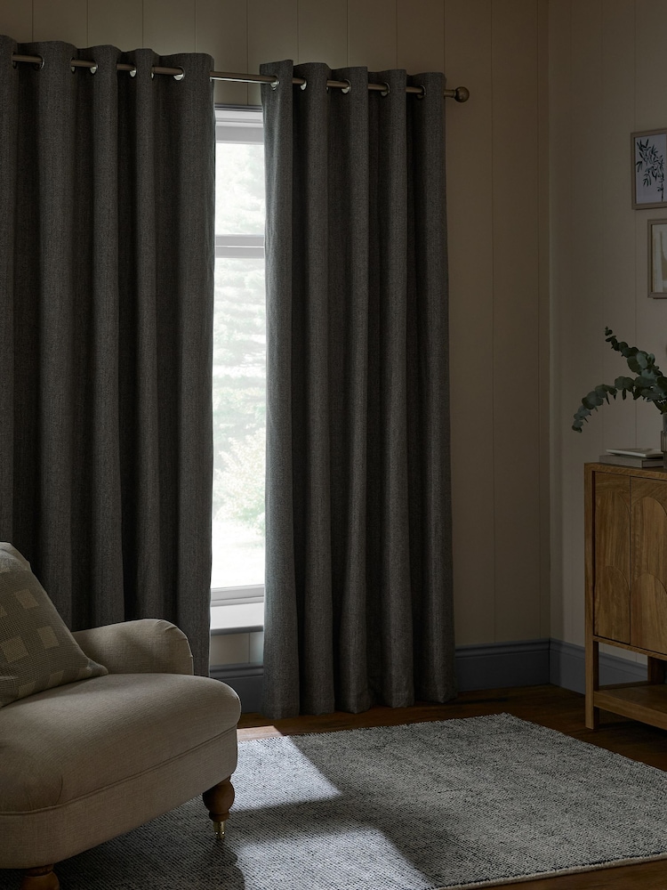 Grey Brushed Herringbone Eyelet Blackout Thermal Curtains - Image 2 of 8 Grey Brushed Herringbone Eyelet Blackout Thermal Curtains - Image 2 of 8
