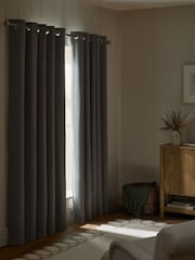 Grey Brushed Herringbone Eyelet Blackout Thermal Curtains - Image 4 of 8