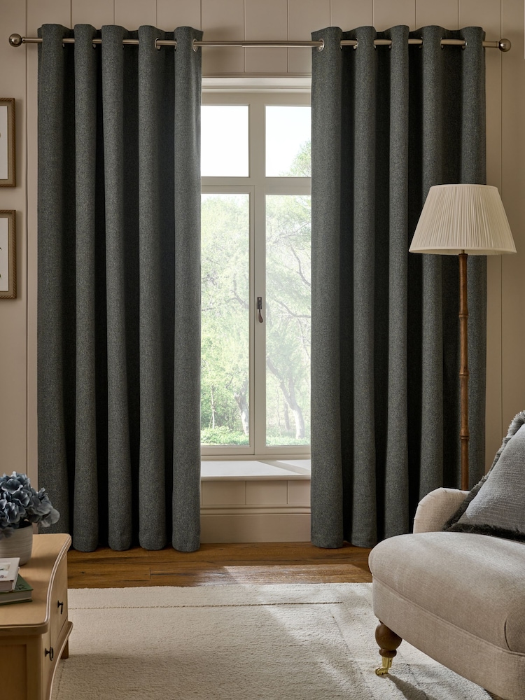 Teal Blue Brushed Herringbone Eyelet Blackout Thermal Curtains - Image 1 of 5 Teal Blue Brushed Herringbone Eyelet Blackout Thermal Curtains - Image 1 of 5
