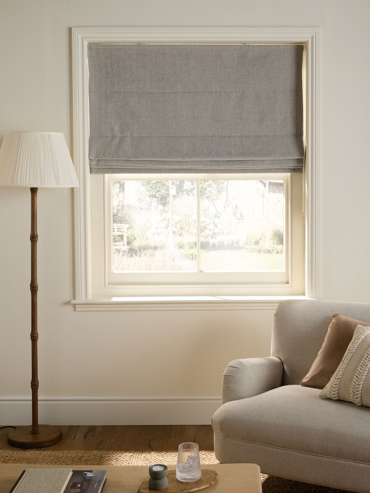 Grey Ready Made Blackout Thermal Brushed Herringbone Roman Blind - Image 1 of 6 Grey Ready Made Blackout Thermal Brushed Herringbone Roman Blind - Image 1 of 6