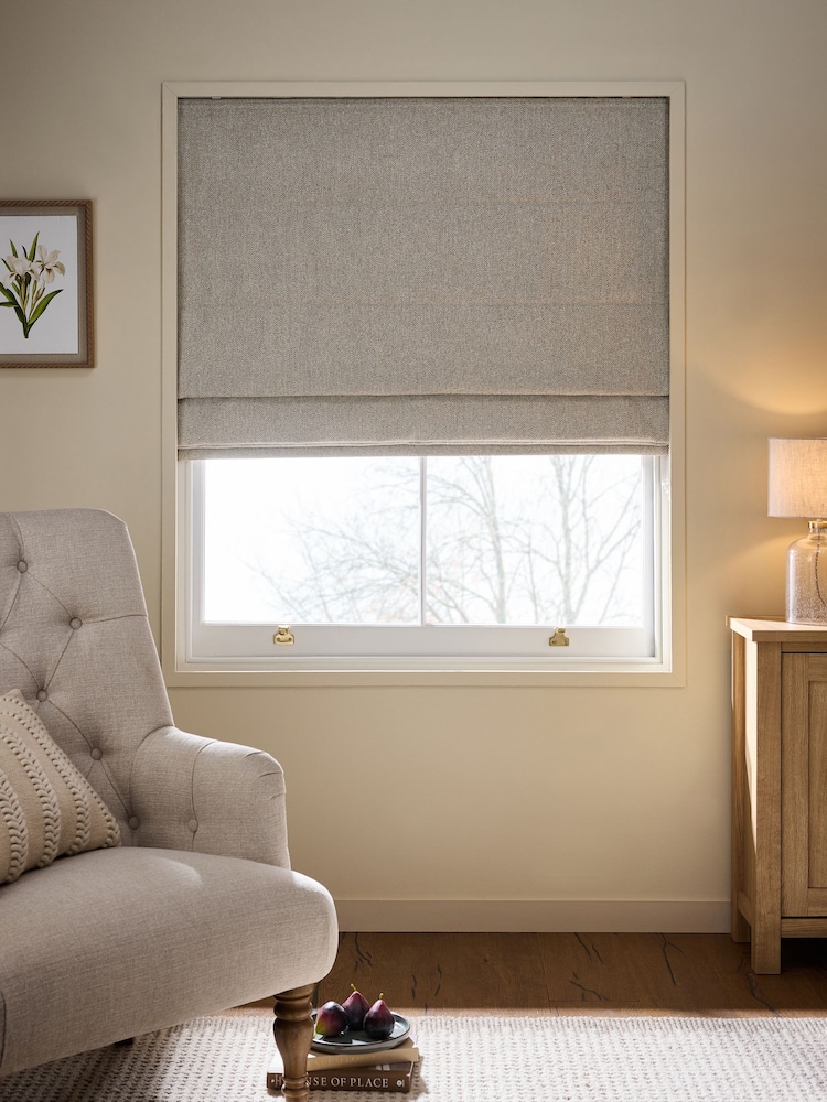 Natural Ready Made Blackout Thermal Brushed Herringbone Roman Blind - Image 1 of 7 Natural Ready Made Blackout Thermal Brushed Herringbone Roman Blind - Image 1 of 7