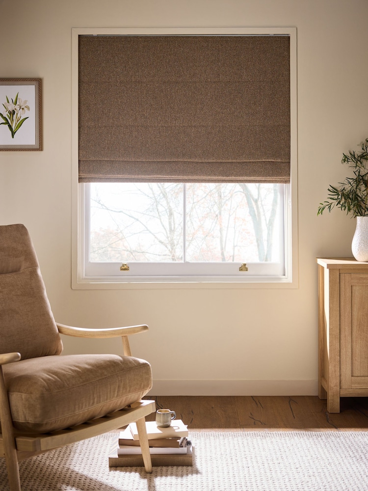 Tan Brown Ready Made Blackout Thermal Brushed Herringbone Roman Blind - Image 1 of 7 Tan Brown Ready Made Blackout Thermal Brushed Herringbone Roman Blind - Image 1 of 7