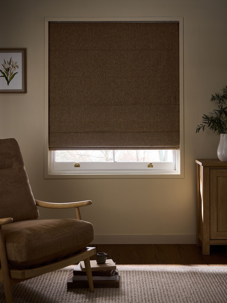 Tan Brown Ready Made Blackout Thermal Brushed Herringbone Roman Blind - Image 2 of 7 Tan Brown Ready Made Blackout Thermal Brushed Herringbone Roman Blind - Image 2 of 7