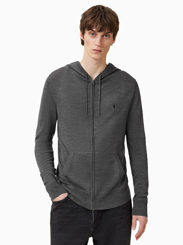 AllSaints Grey Mode Merino Zip Hoodie - Image 1 of 8
