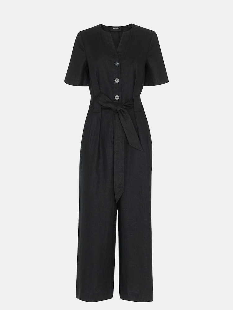 Whistles Black Fiona 100% Linen Button Jumpsuit - Image 5 of 5
