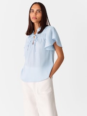 Whistles Blue Frill Sleeve Tie Front Blouse - Image 1 of 5