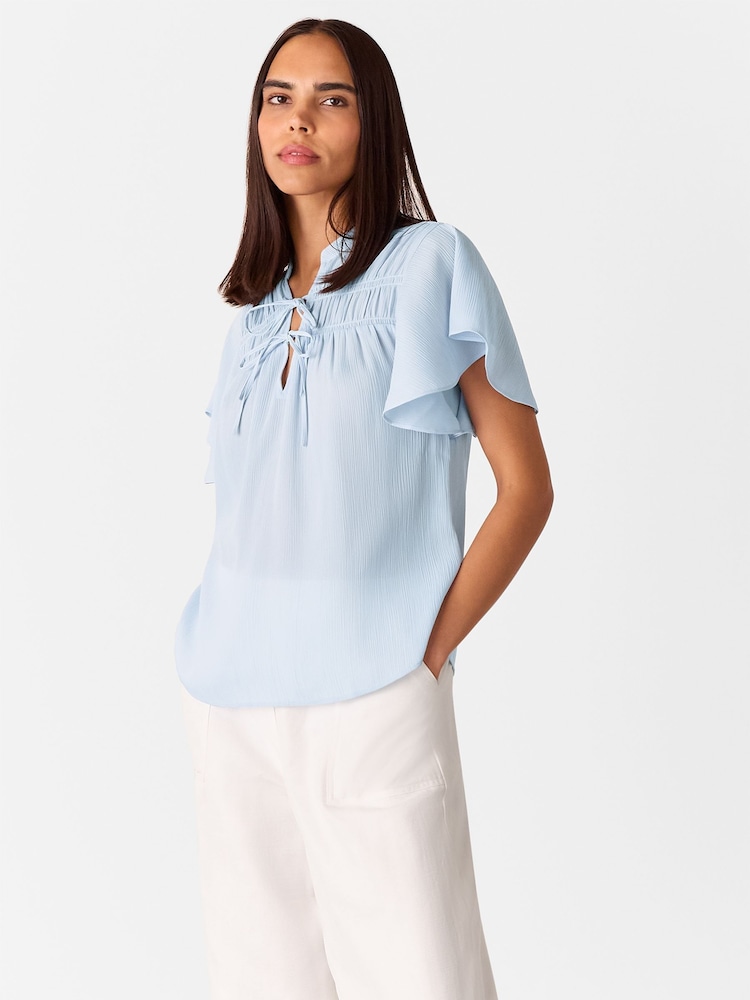 Whistles Blue Frill Sleeve Tie Front Blouse - Image 1 of 5