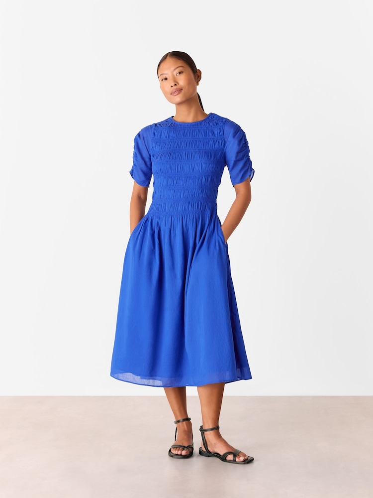 Whistles Blue 100% Cotton Petite Avery Smocked Dress - Image 1 of 4