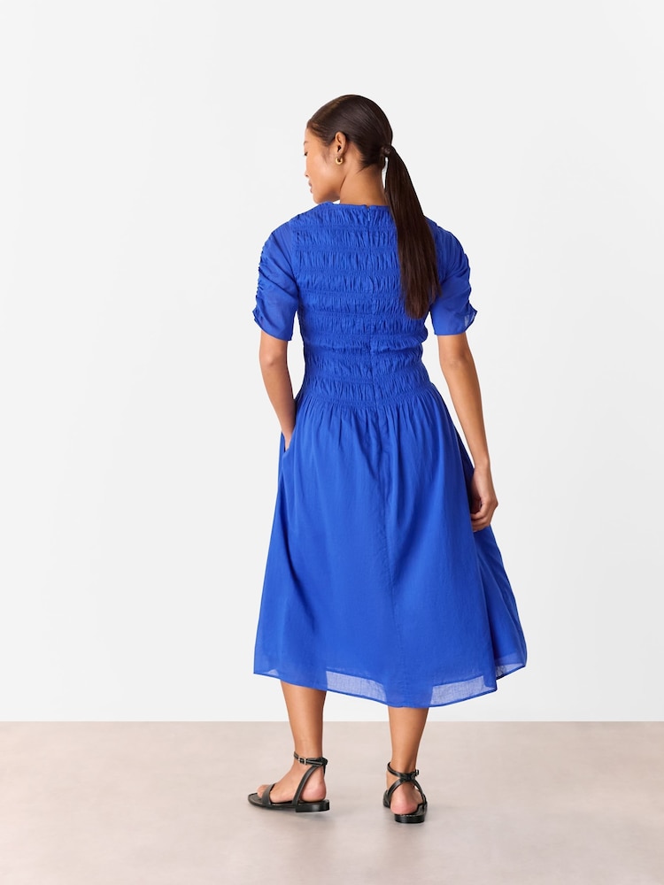 Whistles Blue 100% Cotton Petite Avery Smocked Dress - Image 2 of 4