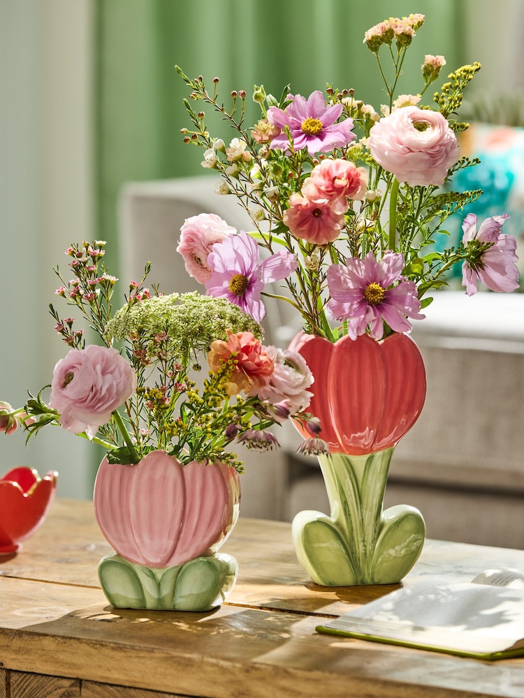 Lucy Tiffney Set of 2 Pink Tulip Vases - Image 1 of 5 Lucy Tiffney Set of 2 Pink Tulip Vases - Image 1 of 5