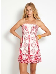 River Island Red 100% Cotton Shell Printed Mini Dress - Image 3 of 4