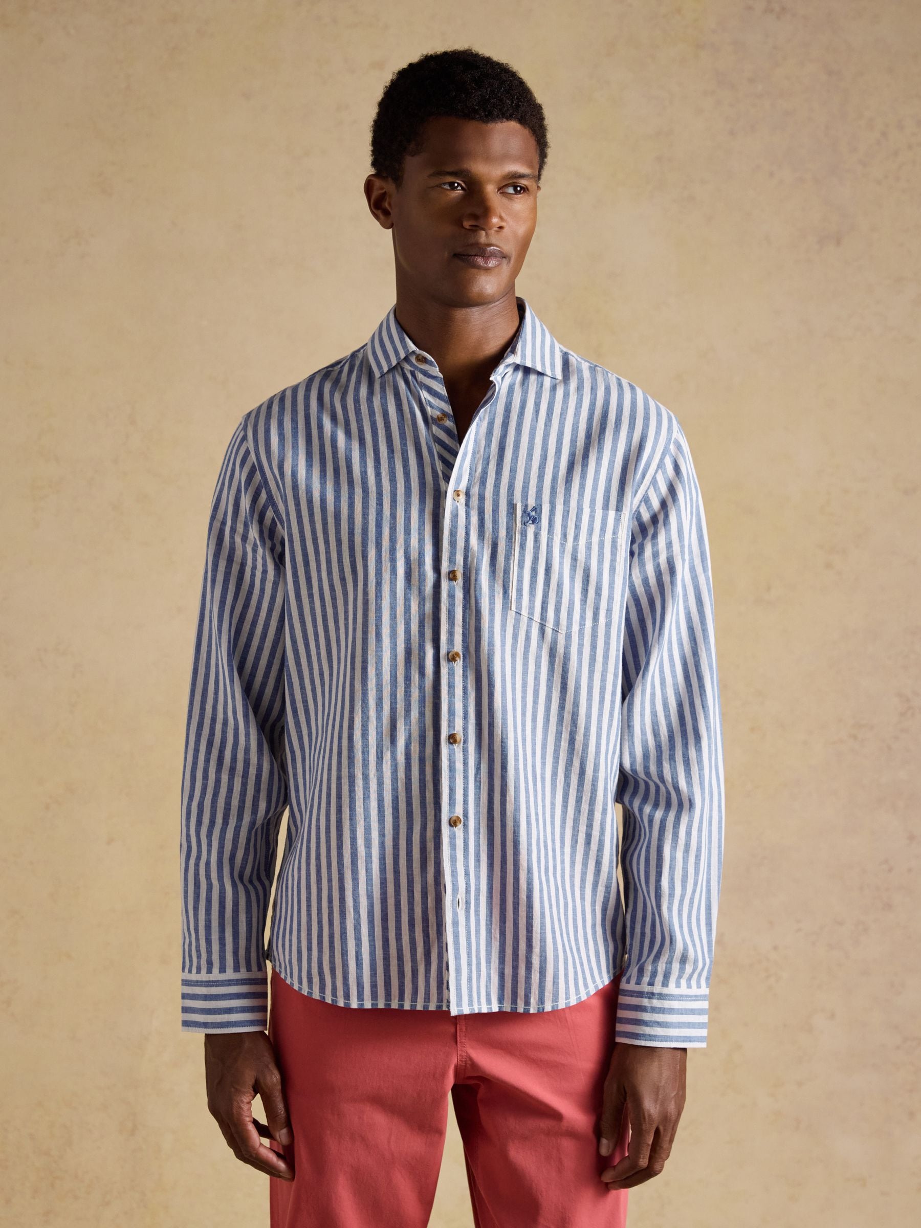 Joules Men's Linen Blend Long Sleeve Shirt Blue & White Striped 3XL
