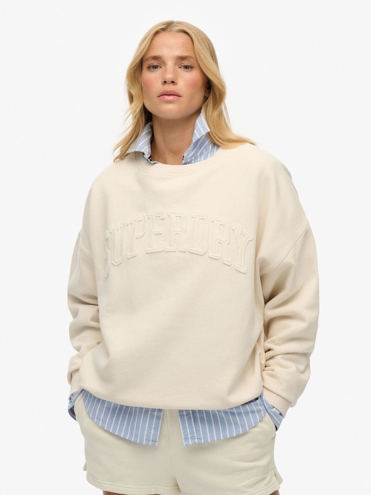 Superdry White 100% Cotton Athletic Essentials Tonal Applique Crew Sweatshirt - Image 1 of 6
