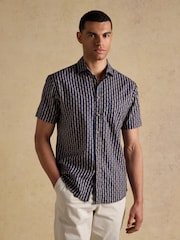 أزرق داكن - Joules Linen Blend Printed Short Sleeve Shirt - صورة 1 من 8