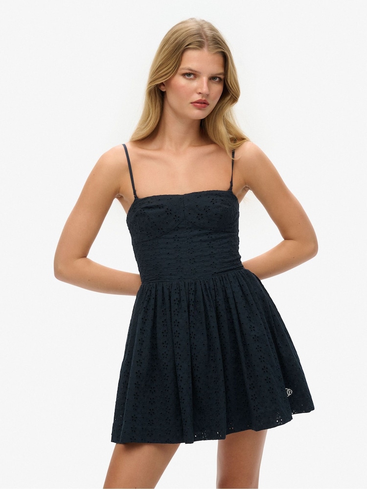 Superdry Blue 100% Cotton Broderie Cami Mini Dress - Image 1 of 6