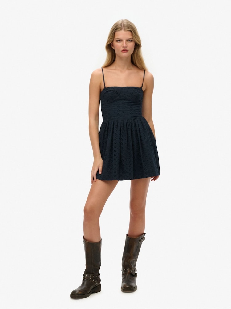 Superdry Blue 100% Cotton Broderie Cami Mini Dress - Image 2 of 6