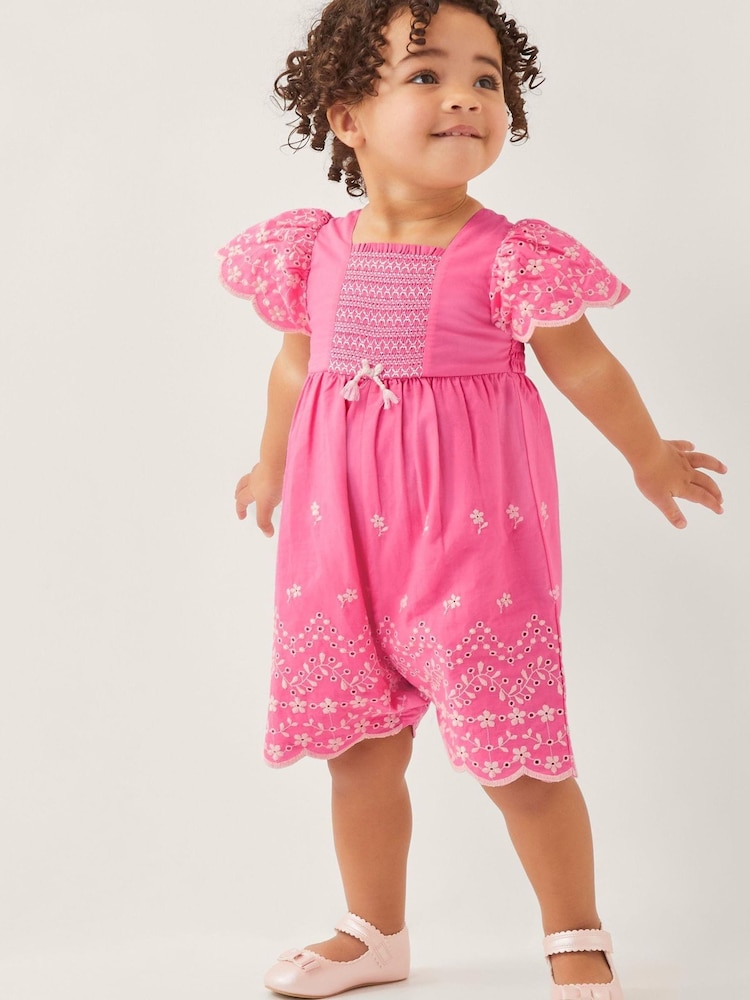 Monsoon Pink Baby Broderie 100% Cotton Romper - Image 1 of 4