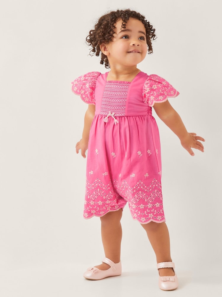 Monsoon Pink Baby Broderie 100% Cotton Romper - Image 2 of 4