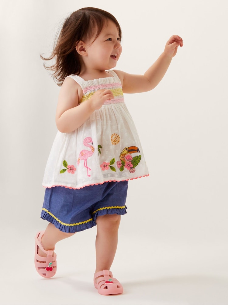 Monsoon Natural Baby Flamingo 100% Cotton Top & Shorts Set - Image 1 of 4