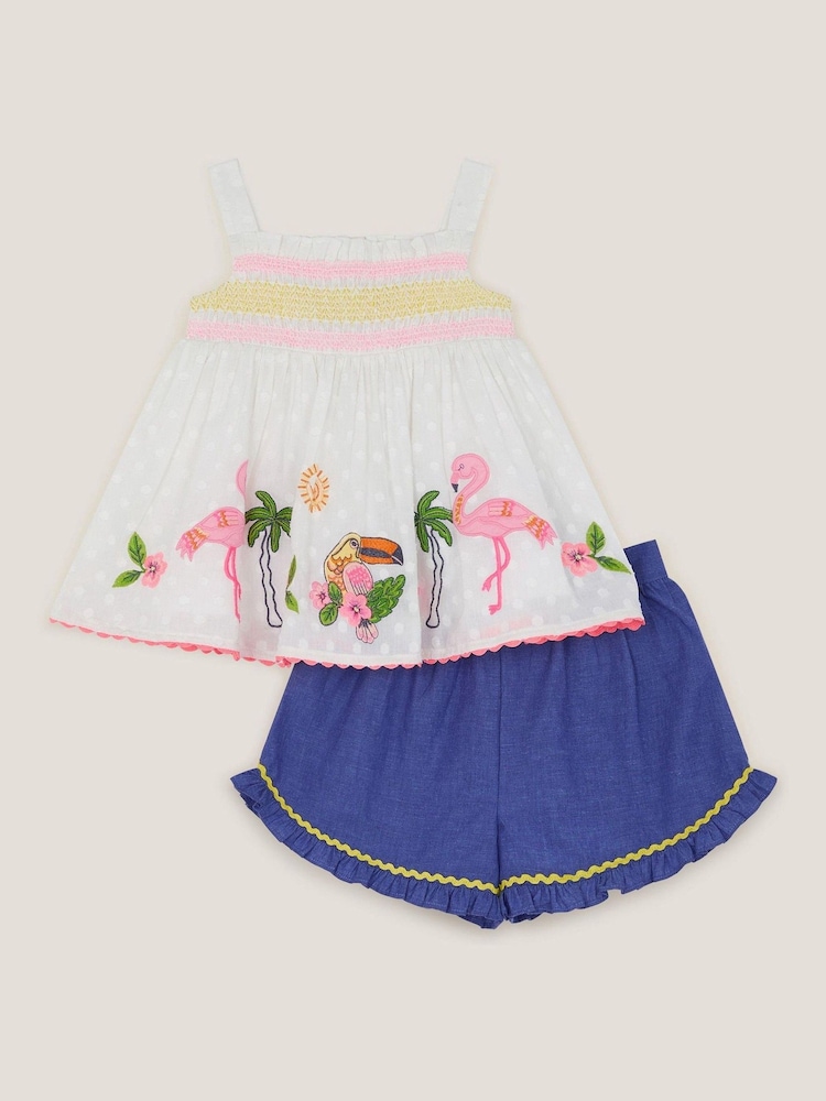 Monsoon Natural Baby Flamingo 100% Cotton Top & Shorts Set - Image 2 of 4
