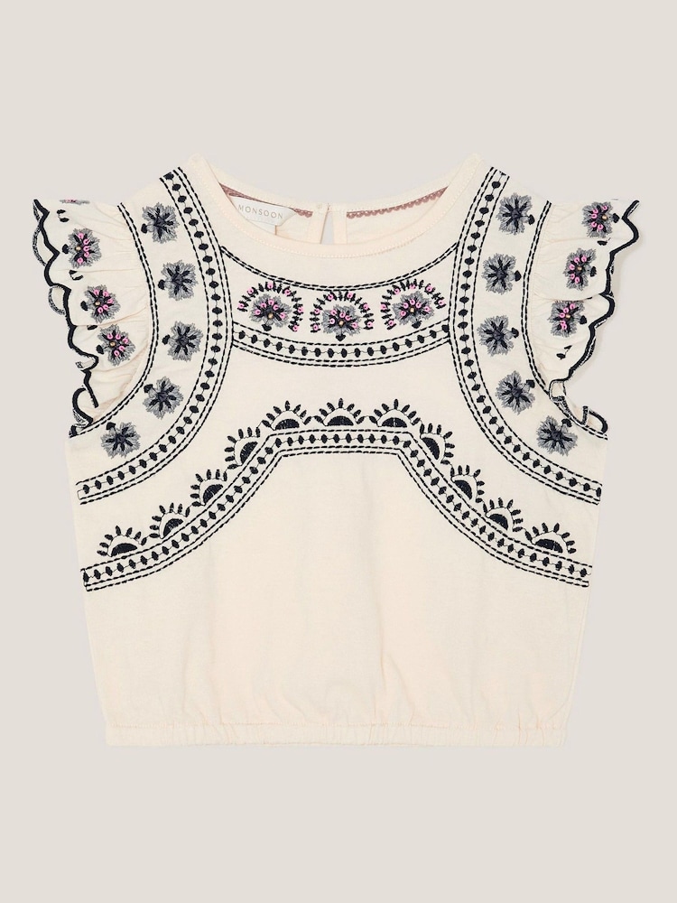 Monsoon Natural 100% Cotton Embroidered Frill T-Shirt - Image 1 of 3 Monsoon Natural 100% Cotton Embroidered Frill T-Shirt - Image 1 of 3